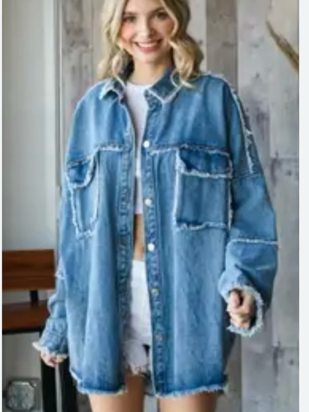 Oversized Distressed Denim Shirt Jacket - Light Blue with fridge detail